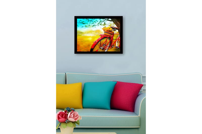 Inramad Canvastavla i trä - 41x56 cm - Röd cykel med en korg fylld av blommor - Röd / Gul / Grön - Inredning & dekor - Tavlor & konst