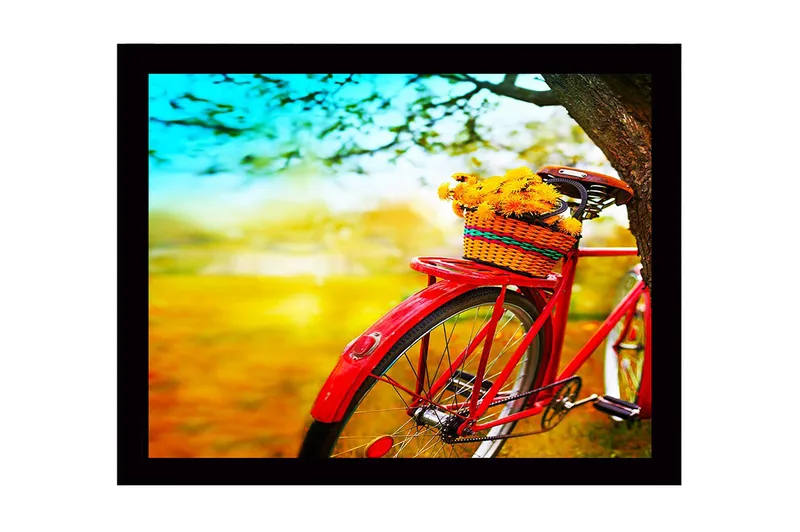 Inramad Canvastavla i trä - 41x56 cm - Röd cykel med en korg fylld av blommor - Röd / Gul / Grön - Inredning & dekor - Tavlor & konst