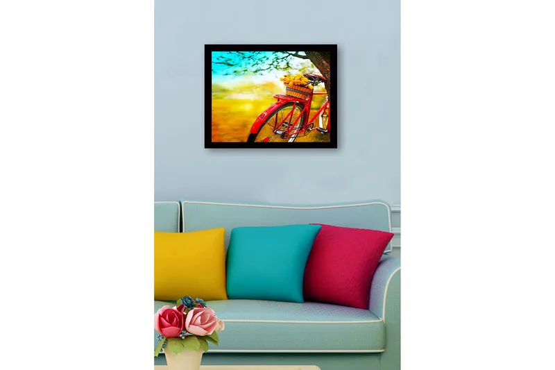 Inramad Canvastavla i trä - 41x56 cm - Röd cykel med en korg fylld av blommor - Röd / Gul / Grön - Inredning & dekor - Tavlor & konst