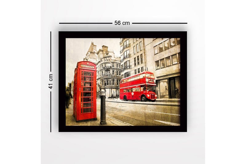 Inramad Canvastavla i trä - 41x56 cm - Röd telefonkiosk i en stadsmiljö med en dubbeldeckarbuss i rörelse - Röd / Grå / Beige - Inredning & dekor - Tavlor & konst