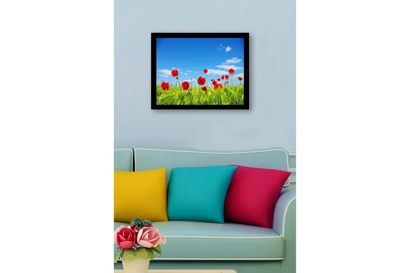 Inramad Canvastavla i trä - 41x56 cm - Röd vallmo i en grön äng under en klarblå himmel - Röd / Grön / Blå - Inredning & dekor - Tavlor & konst