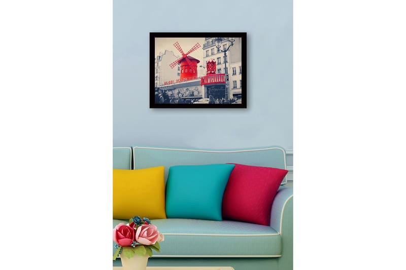 Inramad Canvastavla i trä - 41x56 cm - Röd vindmöll med neonljus vid Moulin Rouge - Röd / Svart / Grå - Inredning & dekor - Tavlor & konst