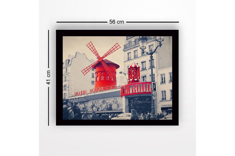 Inramad Canvastavla i trä - 41x56 cm - Röd vindmöll med neonljus vid Moulin Rouge - Röd / Svart / Grå - Inredning & dekor - Tavlor & konst