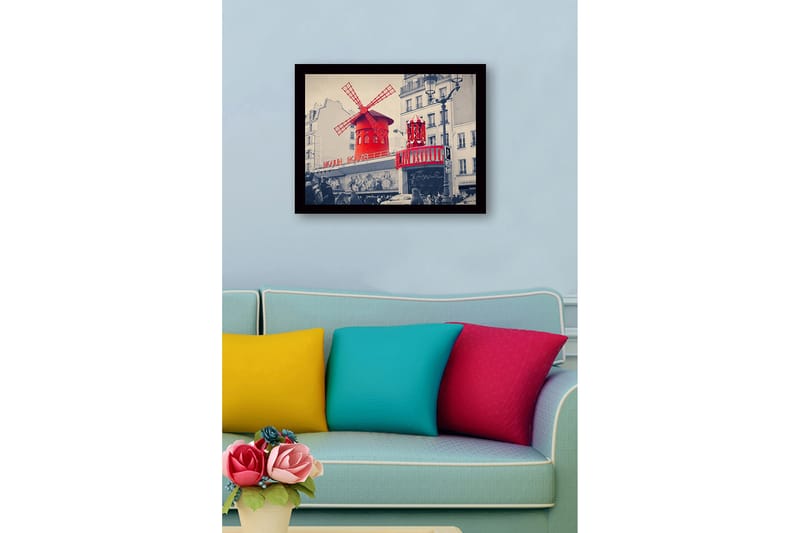 Inramad Canvastavla i trä - 41x56 cm - Röd vindmöll med neonljus vid Moulin Rouge - Röd / Svart / Grå - Inredning & dekor - Tavlor & konst