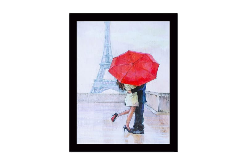 Inramad Canvastavla i trä - 41x56 cm - Romantisk kyss under ett rött paraply i Paris, Röd / Beige / Blå