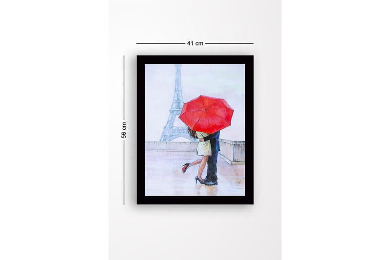 Inramad Canvastavla i trä - 41x56 cm - Romantisk kyss under ett rött paraply i Paris - Röd / Beige / Blå - Inredning & dekor - Tavlor & konst