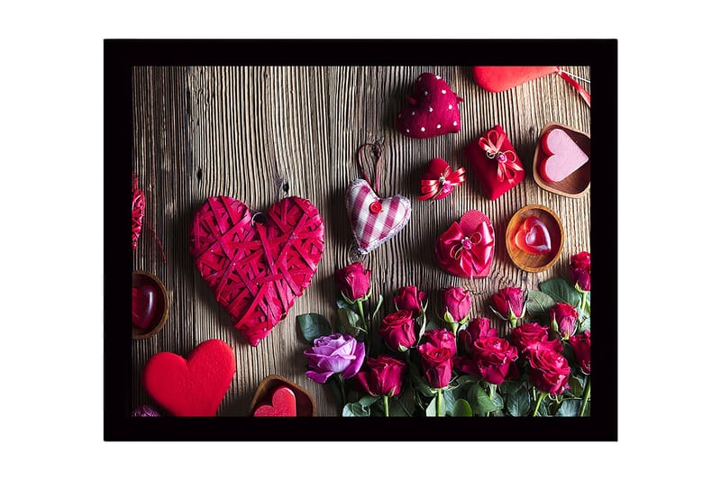 Inramad Canvastavla i trä - 41x56 cm - Romantisk samling av hjärtformade dekorationer och rosor, Röd / Rosa / Grön
