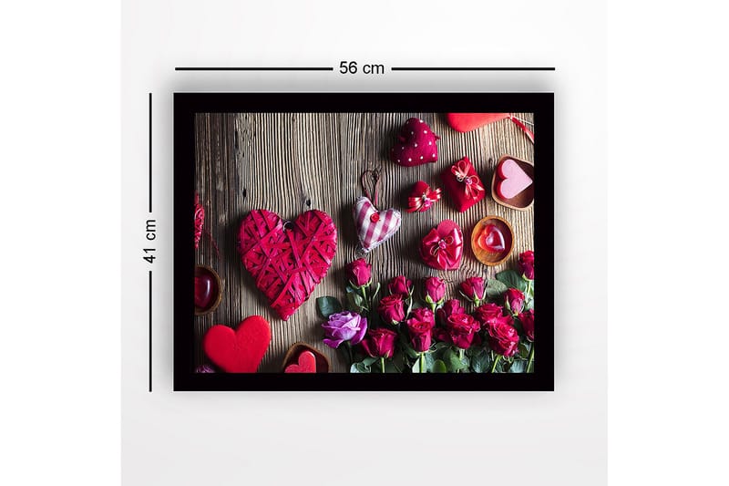 Inramad Canvastavla i trä - 41x56 cm - Romantisk samling av hjärtformade dekorationer och rosor - Röd / Rosa / Grön - Inredning & dekor - Tavlor & konst