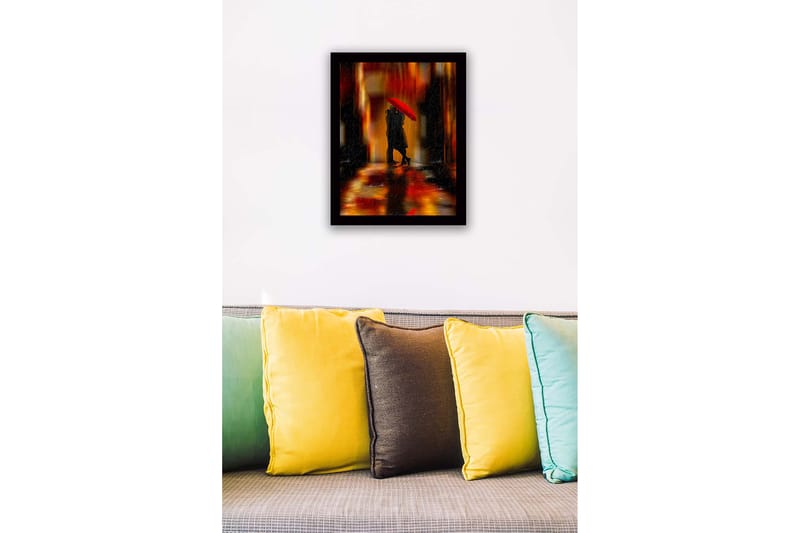 Inramad Canvastavla i trä - 41x56 cm - Romantisk scen med par under ett rött paraply - Röd / Orange / Svart - Inredning & dekor - Tavlor & konst