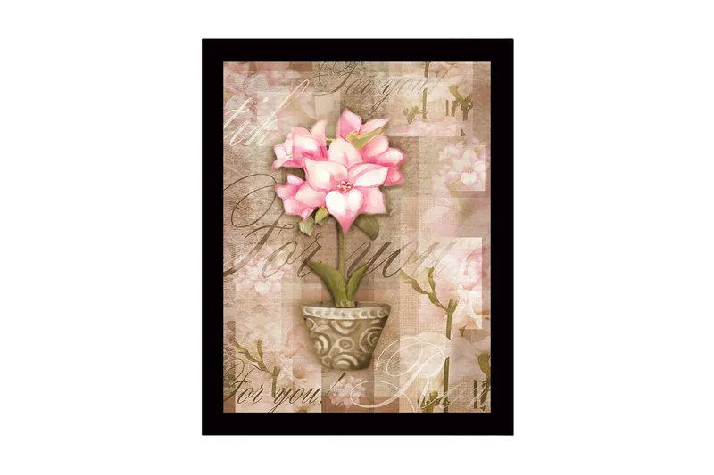 Inramad Canvastavla i trä - 41x56 cm - Rosa blomma i kruka med mjuka bakgrundstoner, Rosa / Beige / Grön