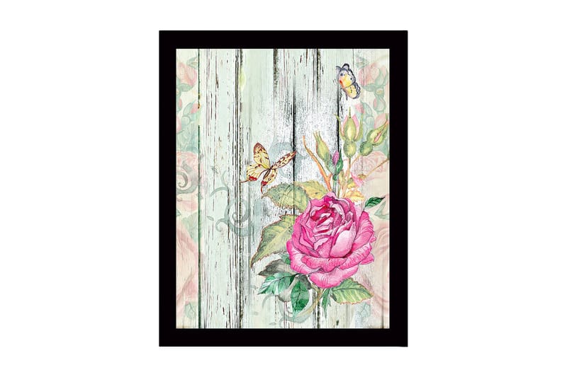 Inramad Canvastavla i trä - 41x56 cm - Rosa blomma med fjärilar på en träbakgrund - Rosa / Grön / Beige - Inredning & dekor - Tavlor & konst