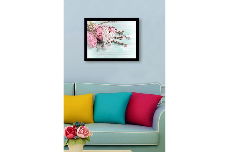 Inramad Canvastavla i trä - 41x56 cm - Rosa blommor med ett vitt hjärta och gråa kvistar - Rosa / Vitt / Grått - Inredning & dekor - Tavlor & konst