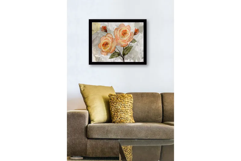 Inramad Canvastavla i trä - 41x56 cm - Rosa blommor med gröna blad - Ljusrosa / Grön / Beige - Inredning & dekor - Tavlor & konst