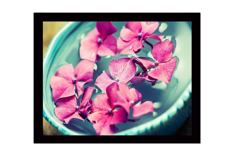 Inramad Canvastavla i trä - 41x56 cm - Rosa blommor som flyter i en skål med vatten - Rosa / Turkos / Grön - Inredning & dekor - Tavlor & konst