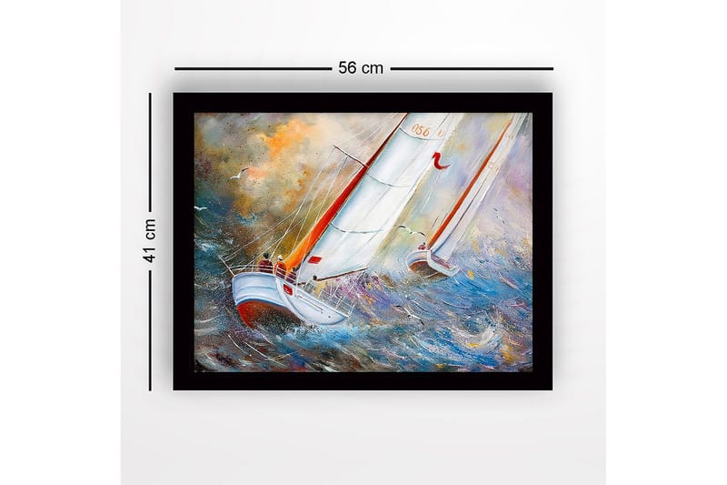 Inramad Canvastavla i trä - 41x56 cm - Segelbåtar som navigerar genom stormiga vatten - Blå / Vit / Orange - Inredning & dekor - Tavlor & konst
