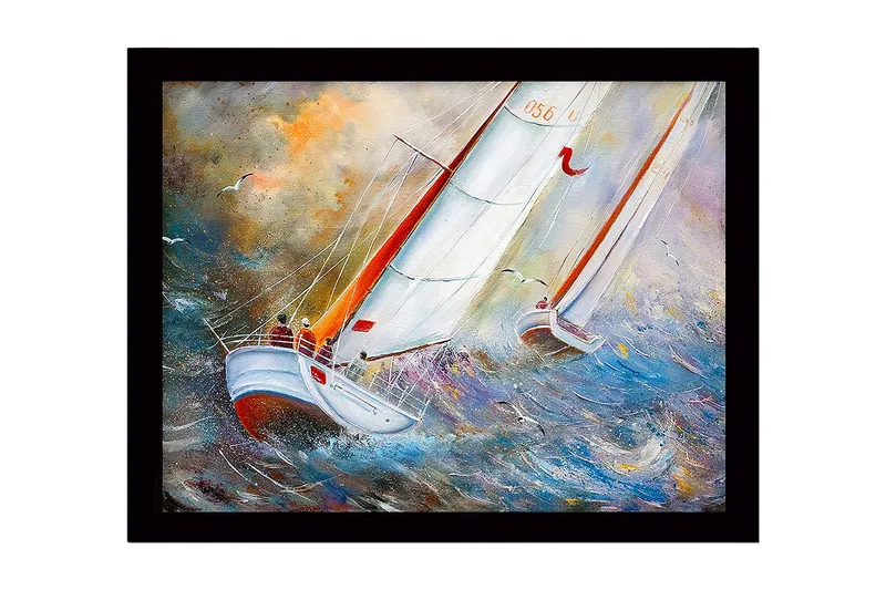 Inramad Canvastavla i trä - 41x56 cm - Segelbåtar som navigerar genom stormiga vatten - Blå / Vit / Orange - Inredning & dekor - Tavlor & konst