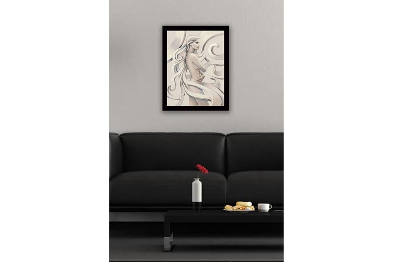 Inramad Canvastavla i trä - 41x56 cm - Sensuell kvinna med flödande hår och en ros i handen - Ljus beige / Grå / Vit - Inredning & dekor - Tavlor & konst