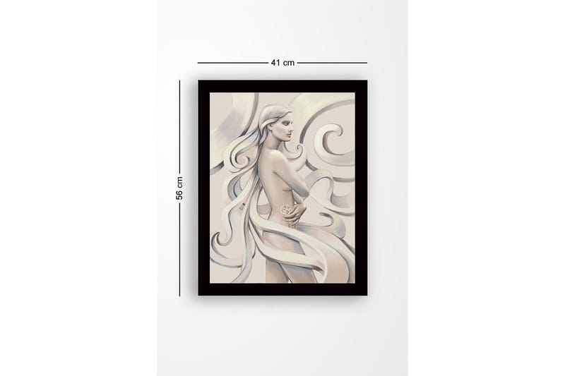 Inramad Canvastavla i trä - 41x56 cm - Sensuell kvinna med flödande hår och en ros i handen - Ljus beige / Grå / Vit - Inredning & dekor - Tavlor & konst
