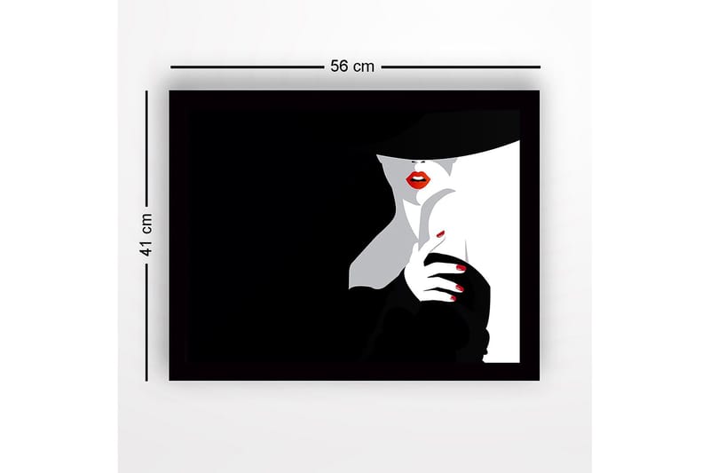 Inramad Canvastavla i trä - 41x56 cm - Sensuell kvinna med röd läppstift och svart hatt - Svart / Vit / Röd - Inredning & dekor - Tavlor & konst