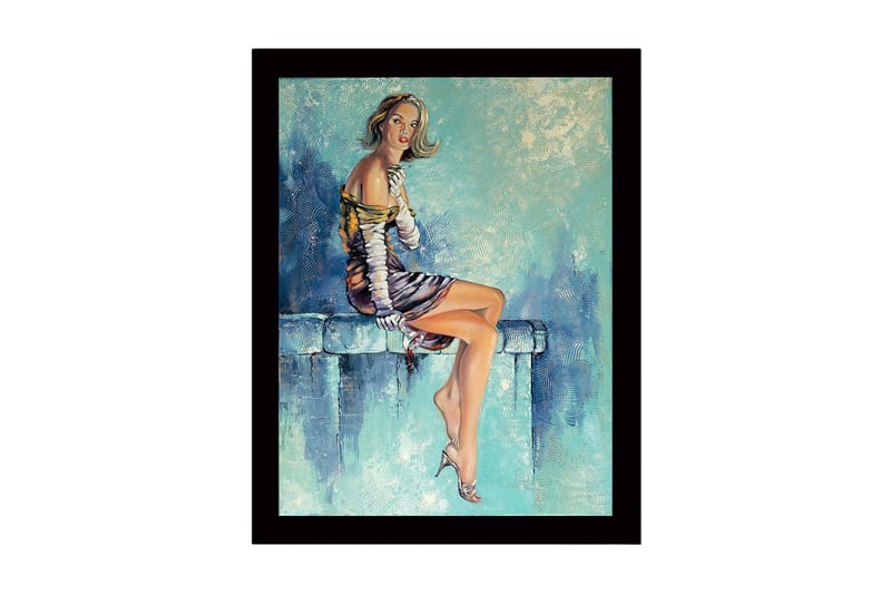 Inramad Canvastavla i trä - 41x56 cm - Sittande kvinna med eleganta kläder och en avslappnad pose, Blå / Hudton / Svart