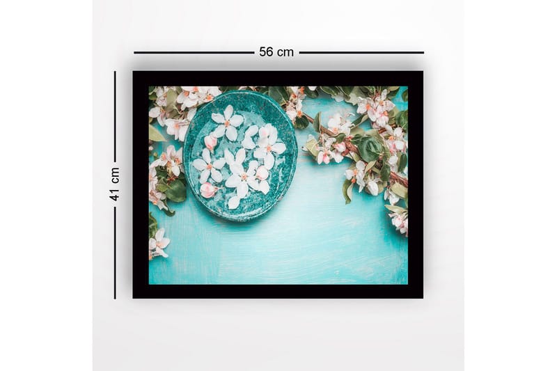 Inramad Canvastavla i trä - 41x56 cm - Skål med blommor på en turkos bakgrund - Turkos / Vit / Grön - Inredning & dekor - Tavlor & konst