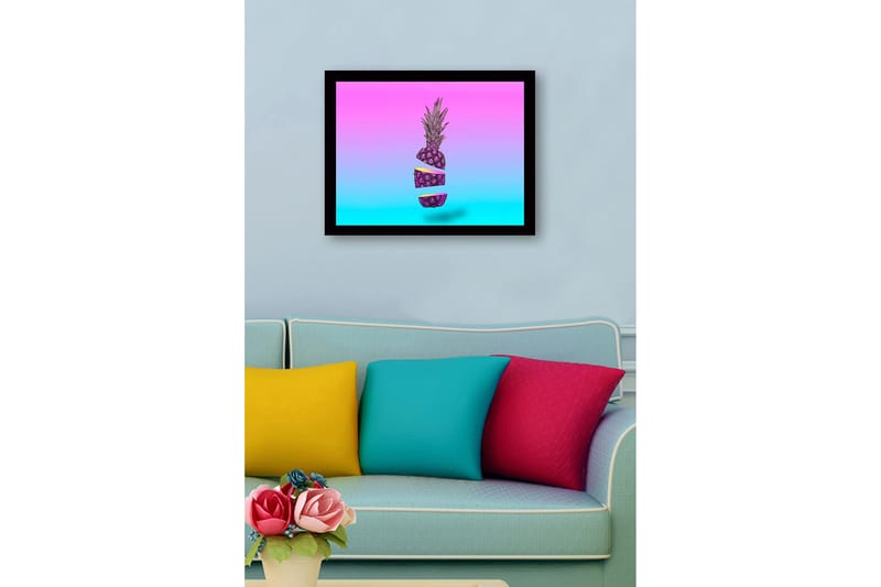 Inramad Canvastavla i trä - 41x56 cm - Skivad ananas i en surrealistisk komposition - Lila / Rosa / Turkos - Inredning & dekor - Tavlor & konst