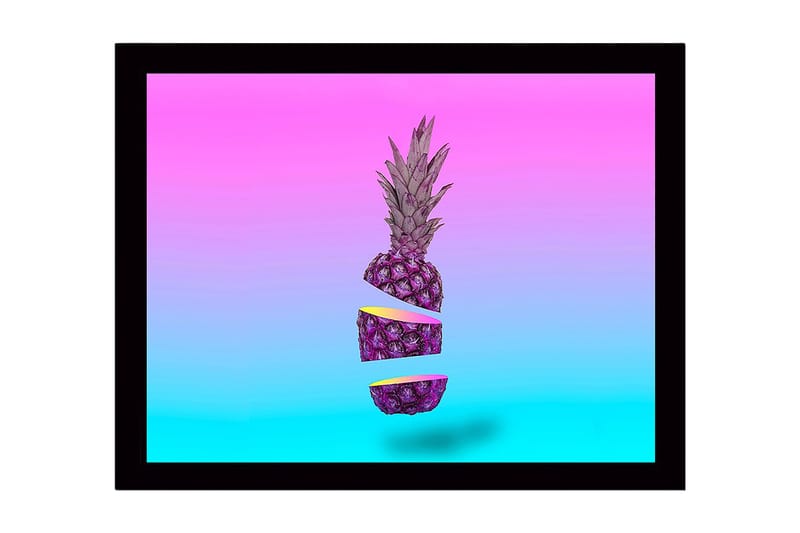 Inramad Canvastavla i trä - 41x56 cm - Skivad ananas i en surrealistisk komposition, Lila / Rosa / Turkos