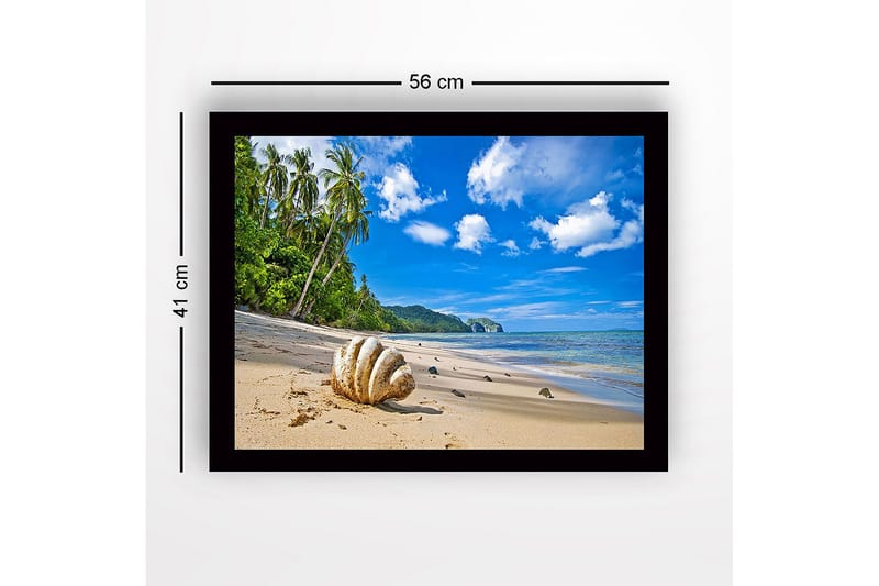 Inramad Canvastavla i trä - 41x56 cm - Snäckskal på en solig strand med palmer i bakgrunden - Blå / Grön / Beige - Inredning & dekor - Tavlor & konst