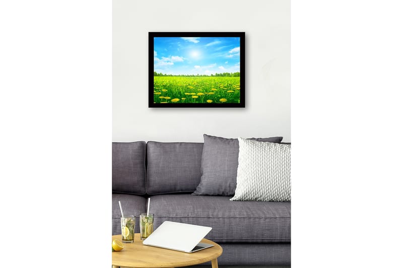 Inramad Canvastavla i trä - 41x56 cm - Solig äng med maskrosor i blomning - Grön / Gul / Blå - Inredning & dekor - Tavlor & konst