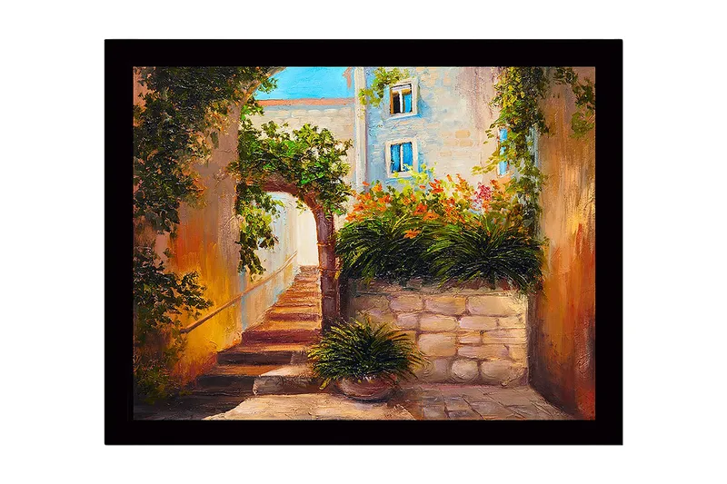 Inramad Canvastavla i trä - 41x56 cm - Solig gränd med blomstrande växter och stenlagda trappor, Grön / Orange / Beige