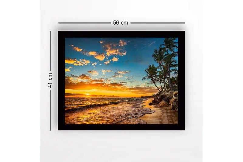 Inramad Canvastavla i trä - 41x56 cm - Solnedgång över en strand med palmer och vågor - Orange / Blå / Grön - Inredning & dekor - Tavlor & konst