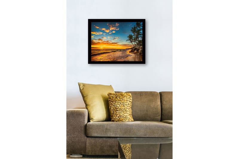 Inramad Canvastavla i trä - 41x56 cm - Solnedgång över en strand med palmer och vågor - Orange / Blå / Grön - Inredning & dekor - Tavlor & konst