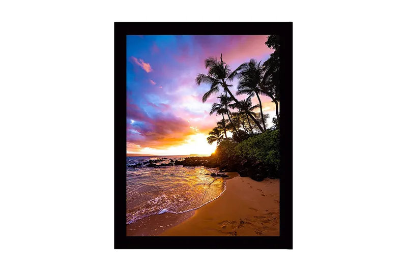 Inramad Canvastavla i trä - 41x56 cm - Solnedgång över en tropisk strand med palmer och glittrande vatten, Lila / Orange / Grön