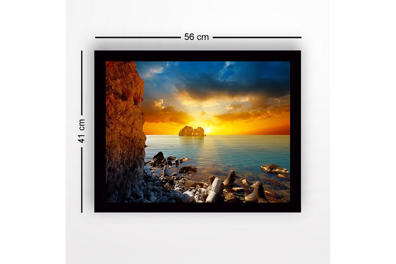 Inramad Canvastavla i trä - 41x56 cm - Solnedgång över havet med klippformationer i förgrunden - Orange / Blå / Grå - Inredning & dekor - Tavlor & konst