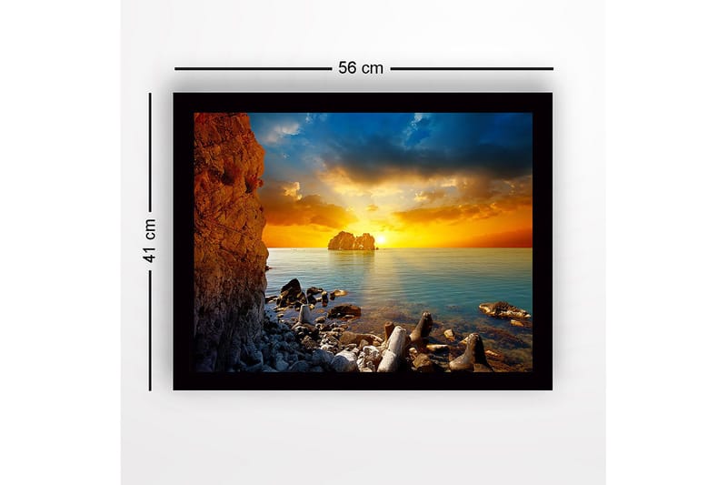 Inramad Canvastavla i trä - 41x56 cm - Solnedgång över havet med klippformationer i förgrunden - Orange / Blå / Grå - Inredning & dekor - Tavlor & konst