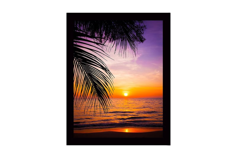 Inramad Canvastavla i trä - 41x56 cm - Solnedgång över havet med palmer i förgrunden - Lila / Orange / Gult - Inredning & dekor - Tavlor & konst
