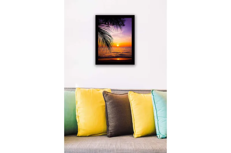 Inramad Canvastavla i trä - 41x56 cm - Solnedgång över havet med palmer i förgrunden - Lila / Orange / Gult - Inredning & dekor - Tavlor & konst