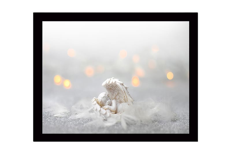 Inramad Canvastavla i trä - 41x56 cm - Söt ängel som vilar i en fjäderbädd, Vit / Ljusgrå / Guld