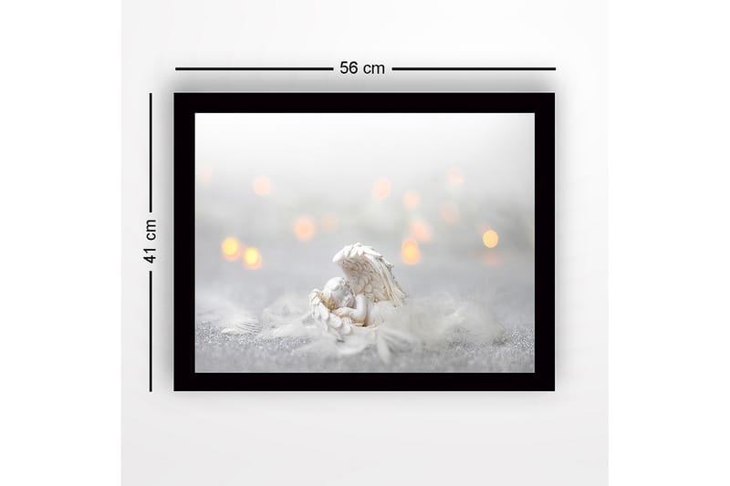 Inramad Canvastavla i trä - 41x56 cm - Söt ängel som vilar i en fjäderbädd - Vit / Ljusgrå / Guld - Inredning & dekor - Tavlor & konst