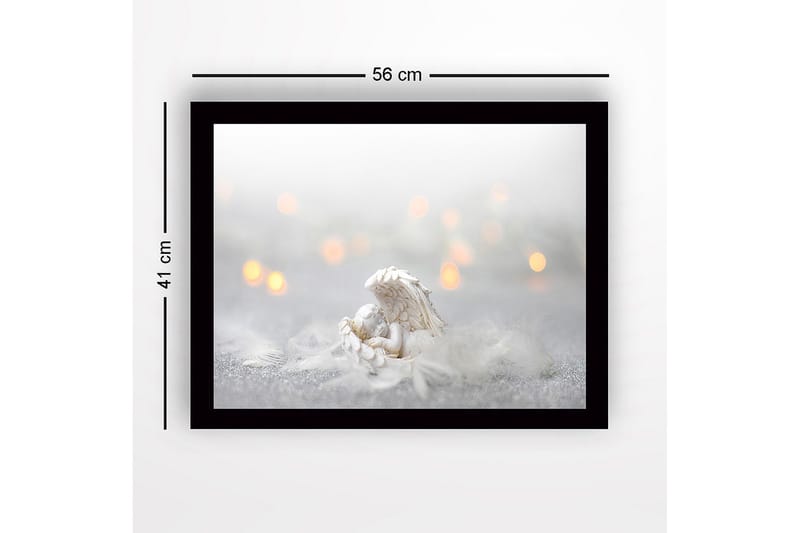 Inramad Canvastavla i trä - 41x56 cm - Söt ängel som vilar i en fjäderbädd - Vit / Ljusgrå / Guld - Inredning & dekor - Tavlor & konst