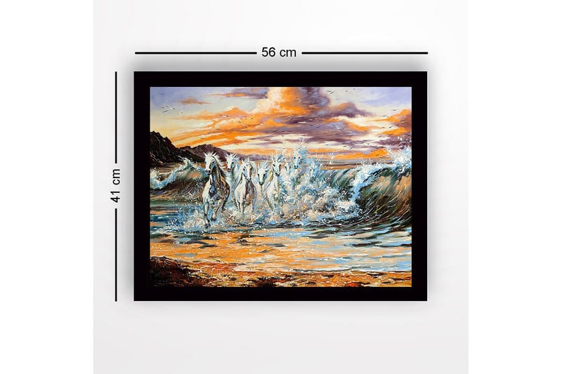 Inramad Canvastavla i trä - 41x56 cm - Sprudlande hästar som galopperar genom vågorna vid solnedgången - Vit / Blå / Orange - Inredning & dekor - Tavlor & konst