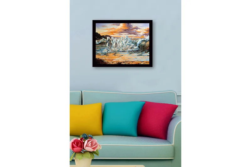 Inramad Canvastavla i trä - 41x56 cm - Sprudlande hästar som galopperar genom vågorna vid solnedgången - Vit / Blå / Orange - Inredning & dekor - Tavlor & konst