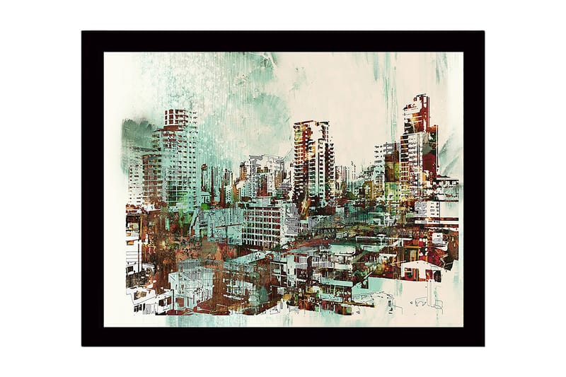 Inramad Canvastavla i trä - 41x56 cm - Stadslandskap med moderna skyskrapor och byggnader - Grön / Röd / Beige - Inredning & dekor - Tavlor & konst