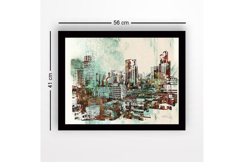 Inramad Canvastavla i trä - 41x56 cm - Stadslandskap med moderna skyskrapor och byggnader - Grön / Röd / Beige - Inredning & dekor - Tavlor & konst