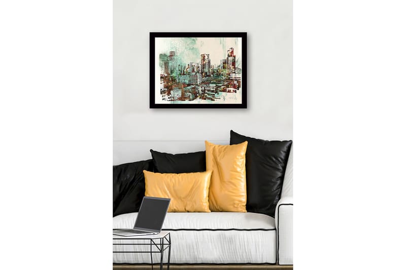 Inramad Canvastavla i trä - 41x56 cm - Stadslandskap med moderna skyskrapor och byggnader - Grön / Röd / Beige - Inredning & dekor - Tavlor & konst