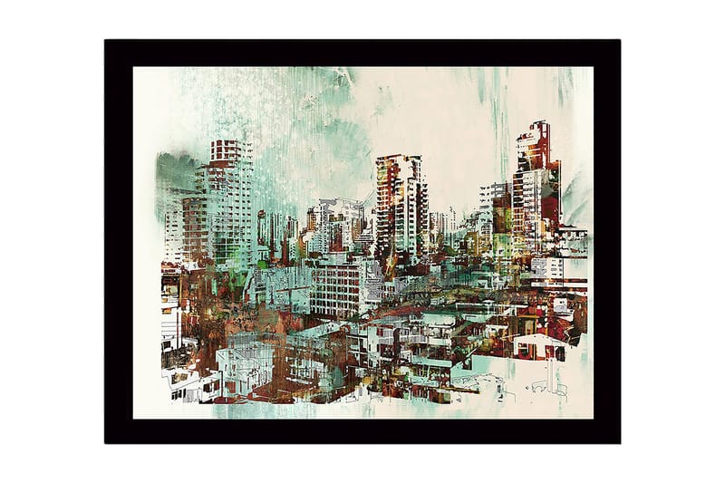 Inramad Canvastavla i trä - 41x56 cm - Stadslandskap med moderna skyskrapor och byggnader - Grön / Röd / Beige - Inredning & dekor - Tavlor & konst