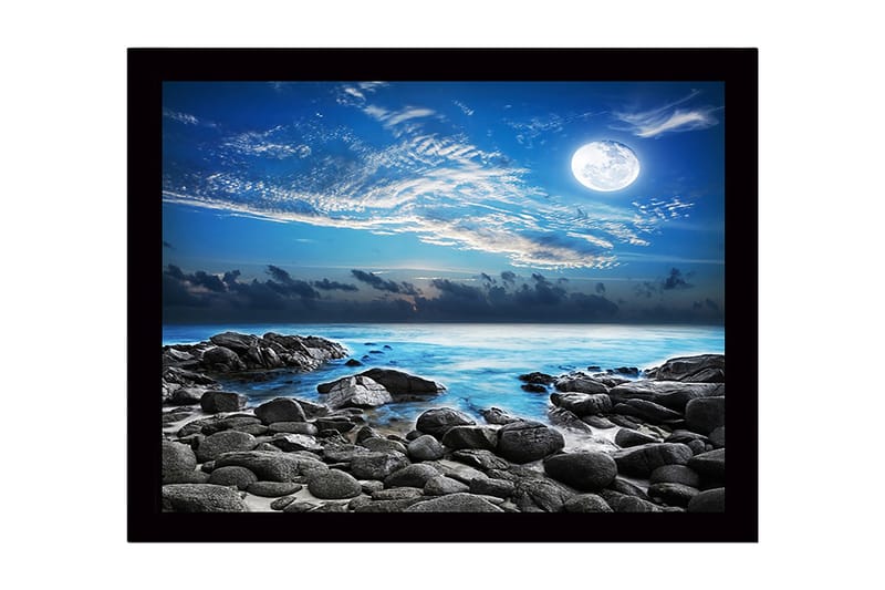 Inramad Canvastavla i trä - 41x56 cm - Stämningsfull havslandskap med måne och klippor - Blå / Grå / Vit - Inredning & dekor - Tavlor & konst