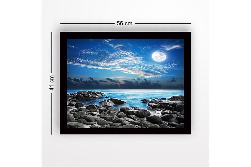 Inramad Canvastavla i trä - 41x56 cm - Stämningsfull havslandskap med måne och klippor - Blå / Grå / Vit - Inredning & dekor - Tavlor & konst
