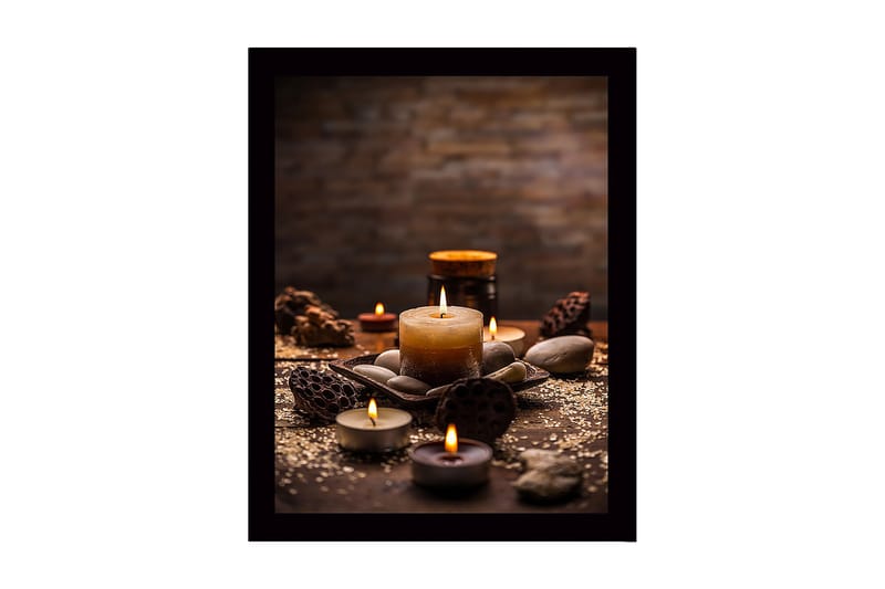 Inramad Canvastavla i trä - 41x56 cm - Stämningsfull samling av ljus och stenar, Guld / Brun / Grå