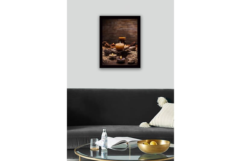 Inramad Canvastavla i trä - 41x56 cm - Stämningsfull samling av ljus och stenar - Guld / Brun / Grå - Inredning & dekor - Tavlor & konst